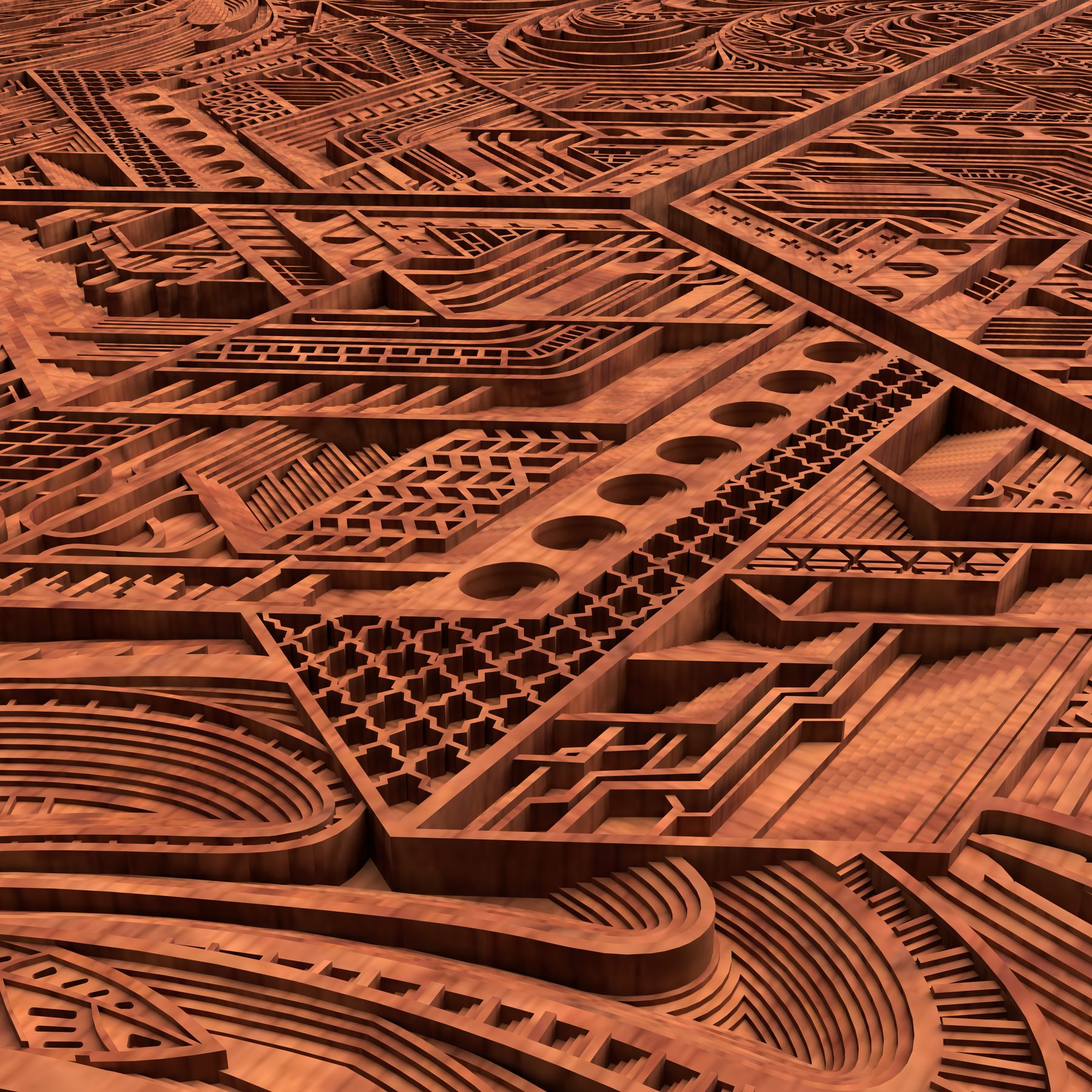 Detail of a CNC-carved wood panel by Nikao