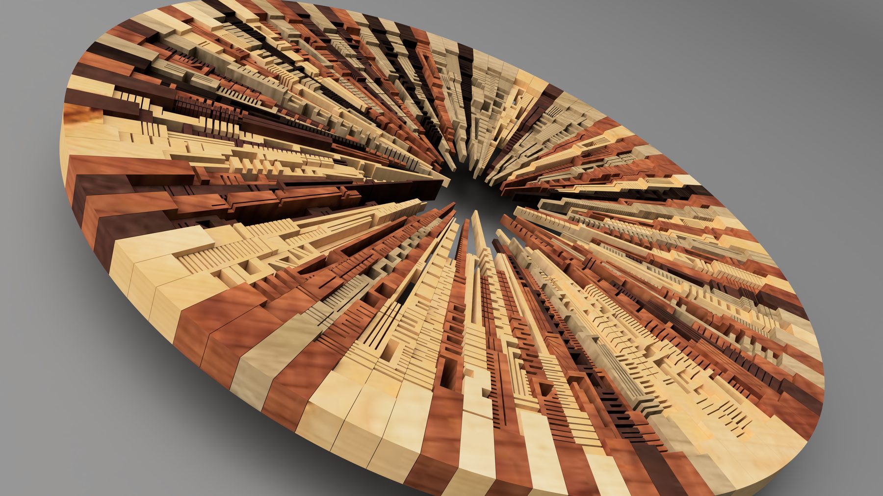 Carved radial wood table by Nikao, angled view